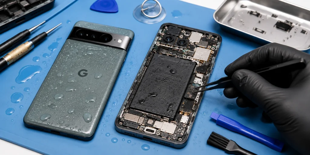 Technician repairing a water-damaged Google Pixel phone at iCrack Merthyr Tydfil.