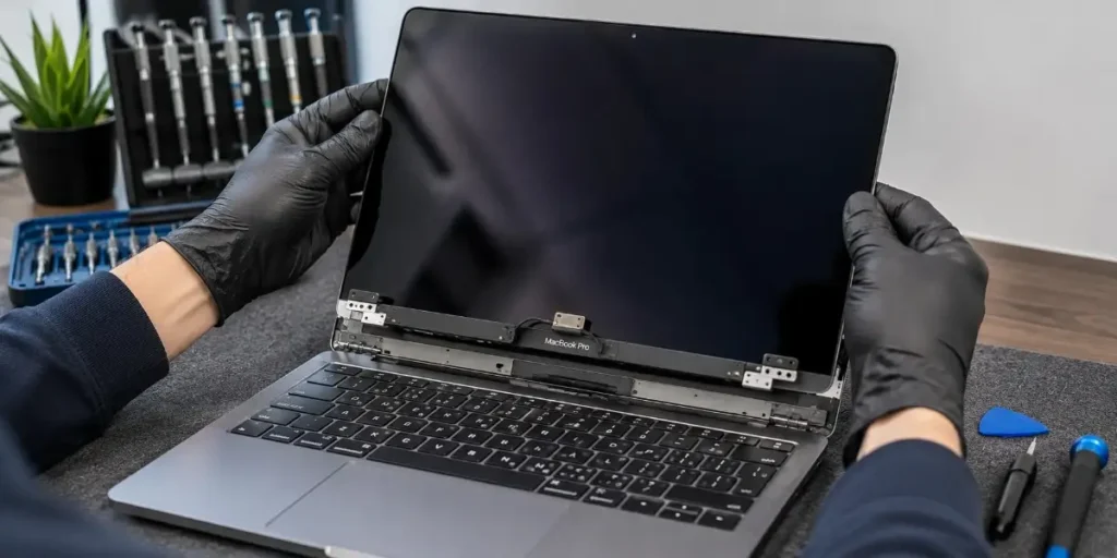 Technician replacing a damaged MacBook Pro screen in Merthyr Tydfil.