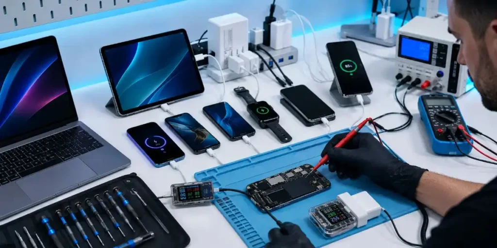 Professional fast charging diagnostics and repair service for smartphones, tablets, laptops and smartwatches at iCrack Merthyr.
