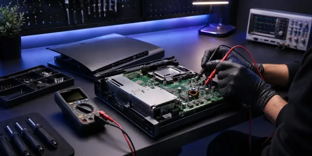 diagnosing power and startup faults in a gaming console at iCrack Merthyr Tydfil.