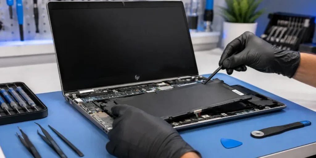 replacing a laptop battery at iCrack Merthyr Tydfil.