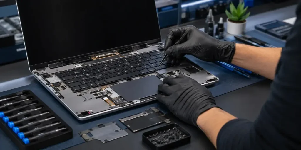 repairing a laptop keyboard and trackpad at iCrack Merthyr Tydfil.