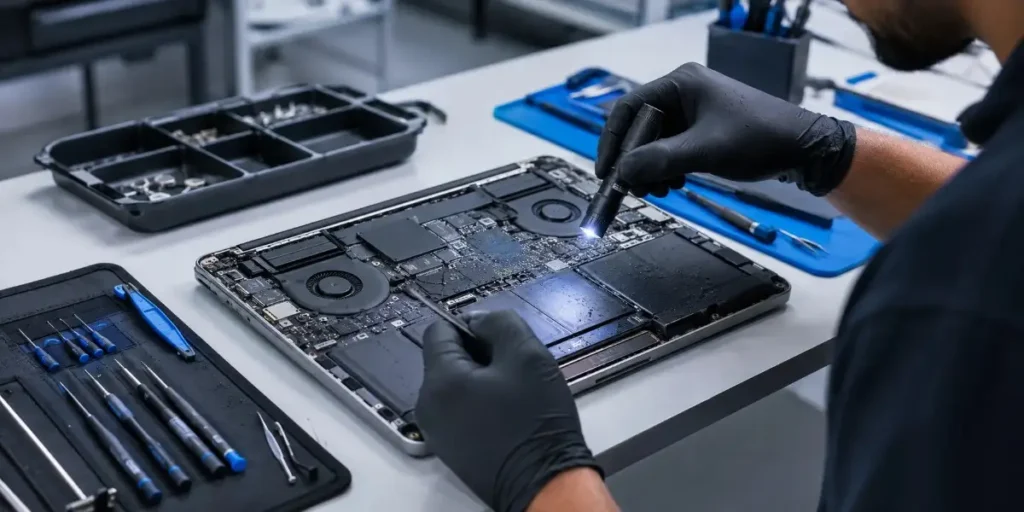 inspecting a water-damaged laptop motherboard at iCrack Merthyr Tydfil.