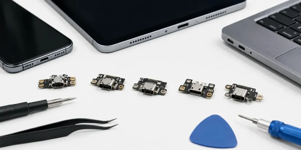 USB-C, Lightning and Type-C charging port connectors for smartphone, tablet and laptop repair at iCrack Merthyr.